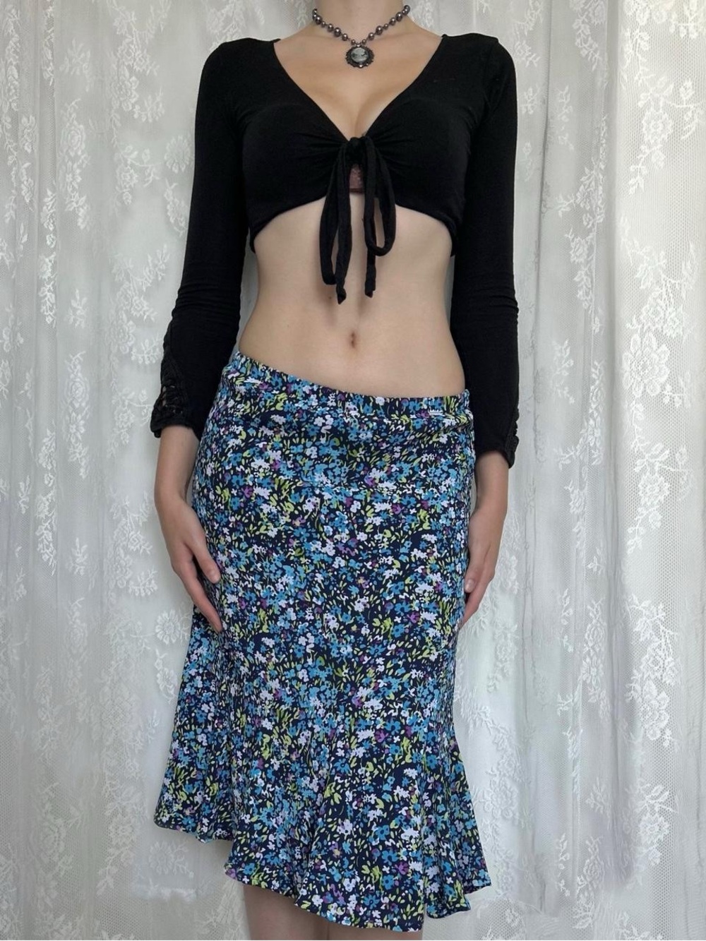 Y2K 2000s Cottagecore Blue Floral Midi Skirt